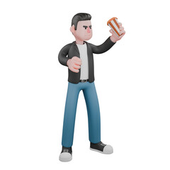 Cartoon Cameraman Character in 3D Artwork. A male cameraman stands holding a drone remote, in his left hand, and his right hand is holding the drone while releasing it. Creative Design