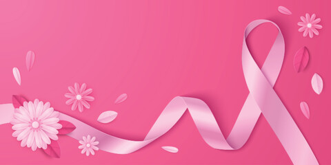 Pink awareness ribbon flowing on rose background with delicate paper cut flowers and leaves. Design symbolizes breast cancer support campaign for medical presentations or health knowledge banners.