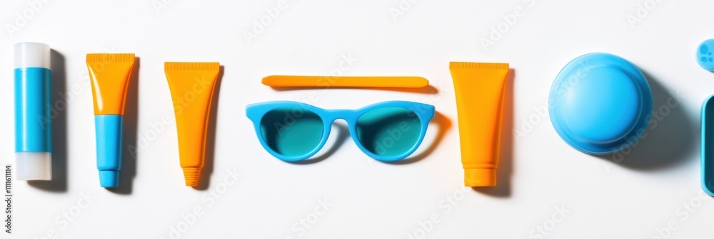 Aufkleber colorful summer accessories like sunglasses and sunscreen tubes are neatly displayed on a white back