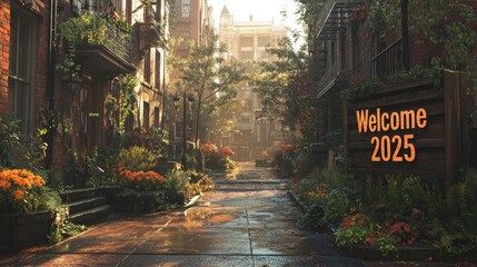 Fototapeta premium A serene urban street scene welcoming the year 2025 with lush greenery and vibrant flowers.