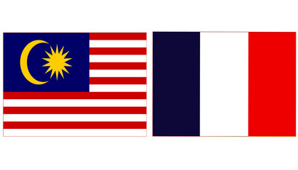 Malaysia national flag with France Official flag, both countries flags are in Horizontal shape and isolated on white background. Rectangular colorful design Flag with together