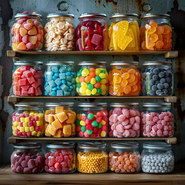 Assorted colorful candies in glass jars on wooden shelves against a rustic background.