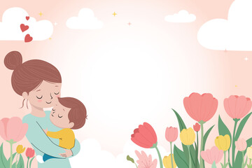Loving mother holding her child in a floral spring setting
