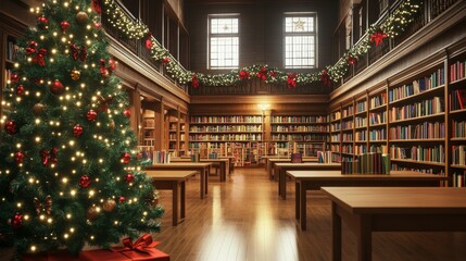 Obraz premium A cozy library adorned for the holidays with a Christmas tree and festive decorations.