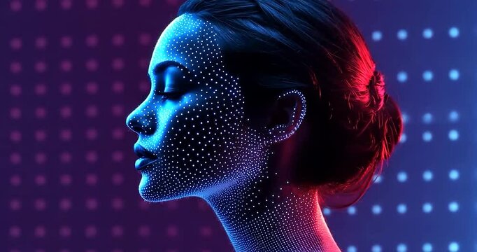a stunning woman with glowing, bioluminescent dots decorating her face, gazing thoughtfully in profile.The background transitions between shades of pink and blue, evoking a dreamy, futuristic 