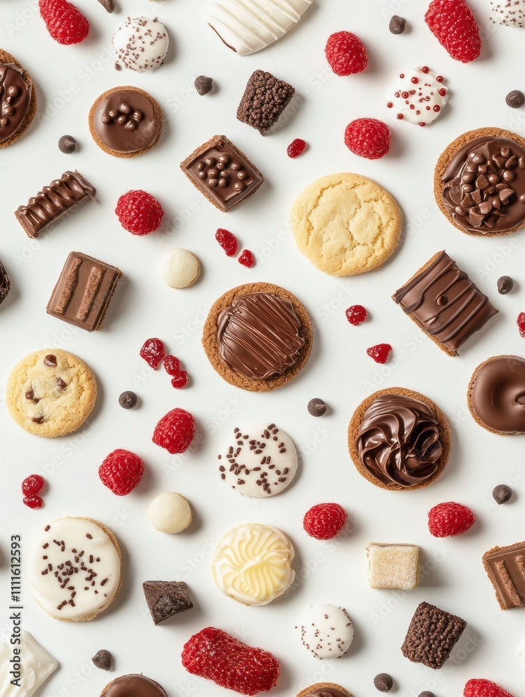 Poster colorful variety of cookies and sweets artfully placed on a white surface, creating an inviting look