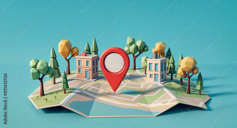 Poster 3d positioning icon on map in low poly map style . generative ai