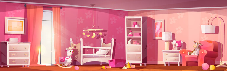 Cute baby nursery room interior with crib cartoon. Little girl kid bedroom with toy, cot and armchair. Pink playroom furniture for bedtime. Mobile decor with stars near cradle concept illustration