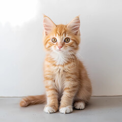 A cute orange and white kitten is sitting on a white surface