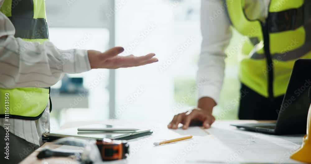 Poster hands, architect and floor plan with handshake for sketch in office, design and paper at constructio