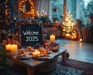 A cozy holiday setting with treats, candles, and festive decorations welcoming the new year.