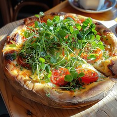Delicious thin crust pizza topped with fresh tomatoes, herbs, and microgreens.
