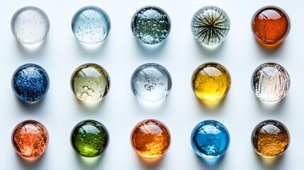 An array of 18 glass marbles, each with a unique pattern and color, arranged in a grid on a white surface.