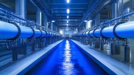 Obraz premium A modern water treatment facility with blue-lit pipes and a flowing water channel.
