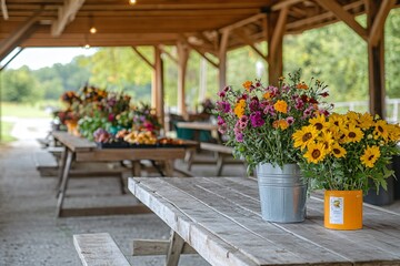 Obraz premium Bouquets of Colorful Flowers in a Rustic Market Setting