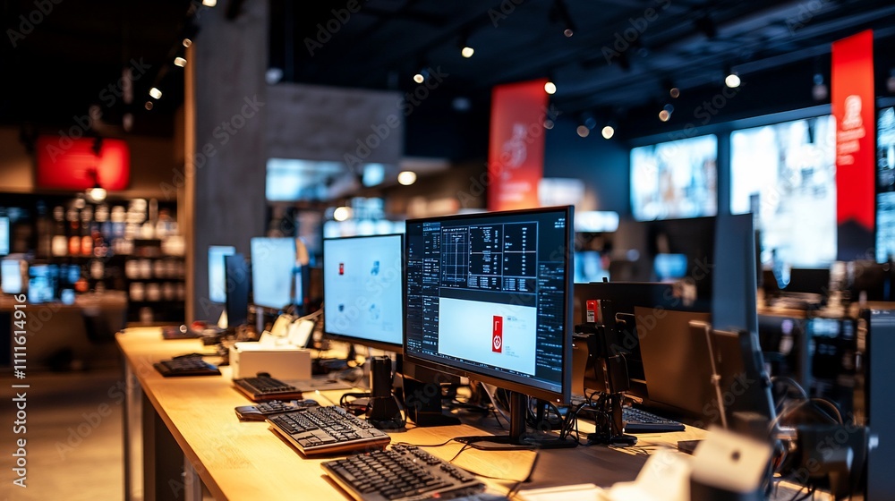 Aufkleber Modern tech store interior with multiple computers on display.