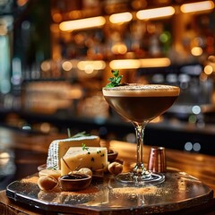 Espresso martini cocktail with cheese and nuts on bar.