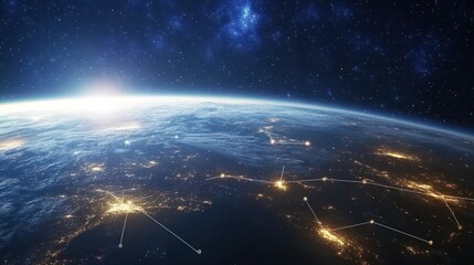 Obraz premium Earth from space with glowing city lights at dawn