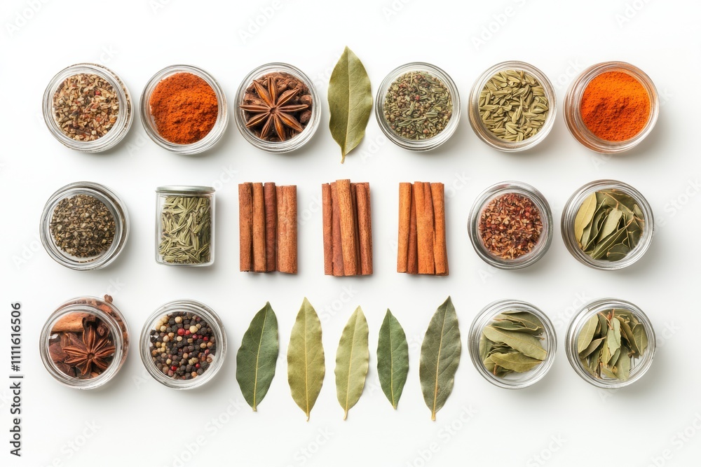 Aufkleber Vibrant collection of spices in clear jars arranged on a white surface along with aromatic cinnamon sticks and bay leaves. Space available for text. Generative AI