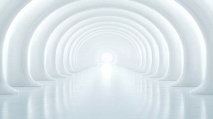 Naklejka premium A serene, futuristic corridor with curved arches and a luminous, reflective floor, creating a sense of depth and tranquility.