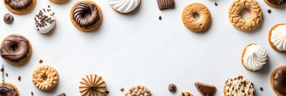 Aufkleber An array of colorful sweets and cookies arranged neatly on a white surface, allowing for flexible use of blank space for text or designs. Generative AI