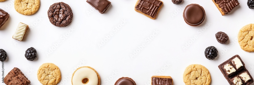 Poster Delicious assortment of cookies and sweets elegantly displayed on a plain white background, leaving ample space for your custom message. Generative AI