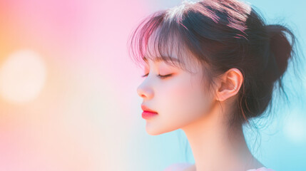 Naklejka premium Soft pastel gradient background with serene profile of woman, showcasing tranquility and beauty. colors blend from soft pink to baby blue, creating calming atmosphere