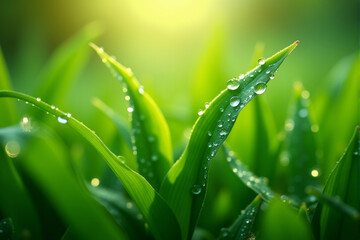 Naklejka premium a close-up of lush green leaves covered in sparkling dewdrops, bathed in the warm glow of the morning sun. It evokes a sense of freshness, vitality, and the beauty of nature.