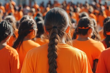 Fototapeta premium A young woman with a long braid, wearing an orange shirt, stands among a crowd. Ideal for themes of unity, community, or large gatherings.