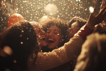 Joyful Celebration with Friends Surrounded by Confetti and Balloons