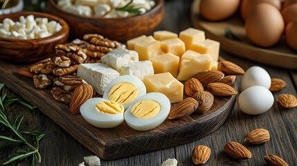 Fototapeta premium A wooden table with a variety of low-carb snack options, such as mixed nuts, cheese cubes, and boiled eggs 