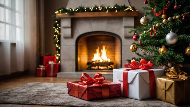 Christmas Tree Presents With A Fireplace In The Background