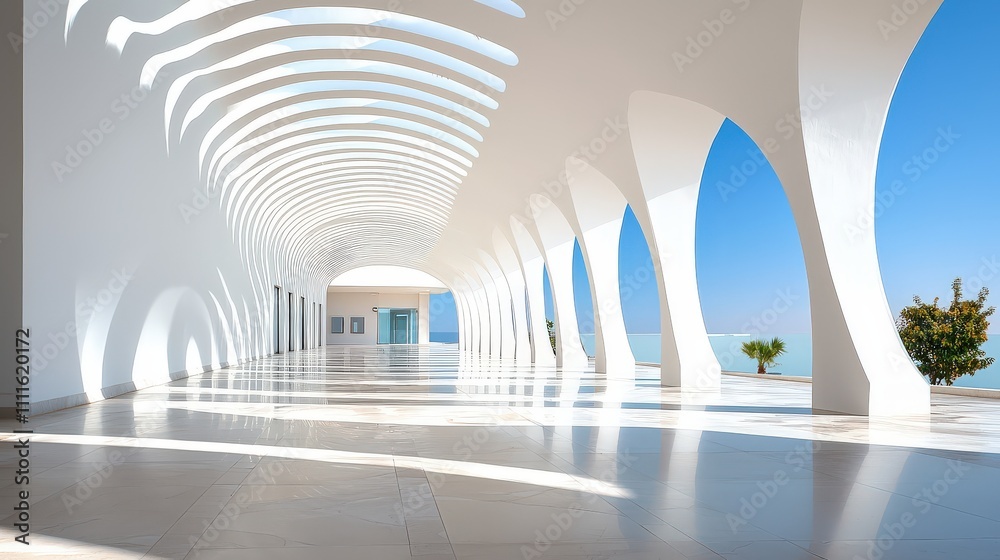 Poster a modern open-air architecture with minimalist design elements, where sharp shadows create intricate