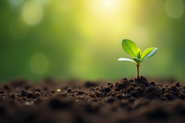 A single seedling emerges from rich soil, bathed in the warm glow of the morning sun. It symbolizes growth, new beginnings, and the potential for life.