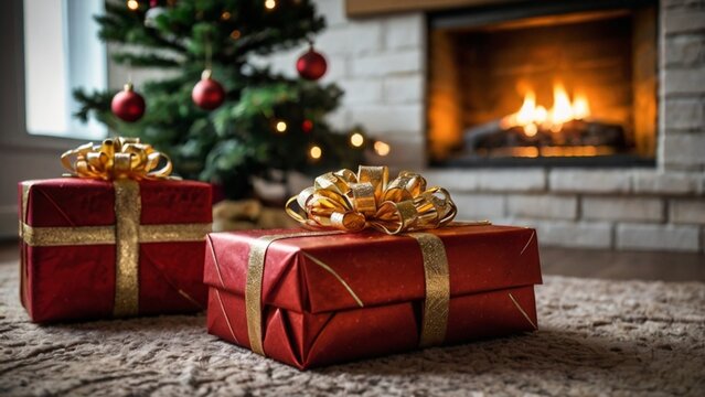 Christmas Gift In Red With Golden Ribbon