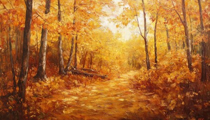 Autumn Forest Path: Golden Leaves Trail, Trees Vibrantly Colored, Sunlight Dappled, Scenic Beauty, Nature's Canvas, Fall's Splendor, Tranquil Woods, Majestic Trees, Hiking Trail, Peaceful Ambiance