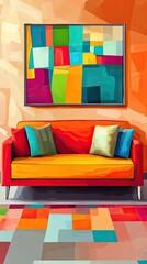 Abstract Colorful Artwork Adorns Modern Orange Sofa