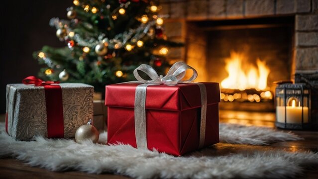 Christmas Gifts With A Fireplace In The Background