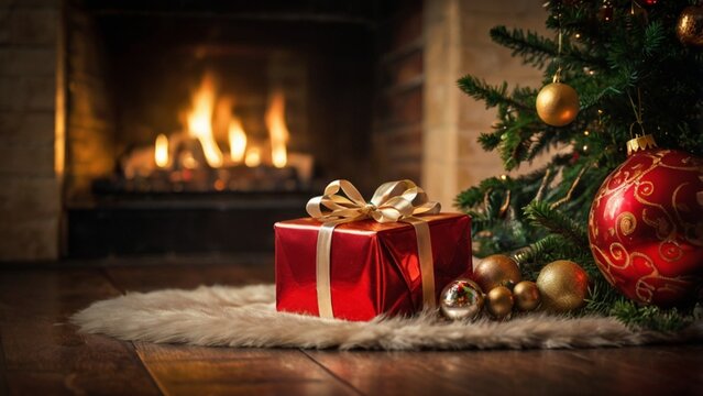 Red Gift With Gold Ribbon On It Sits In Front Of A Fireplace