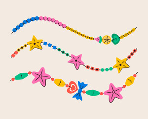 Friendship bracelet vector set. Necklace made of beads. Handmade jewelry. Doodle illustration. 