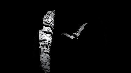 Fototapeta premium Bat flying through dark cave, symbolizing courage and exploration in the face of uncertainty, navigating the unknown with grace and determination.
