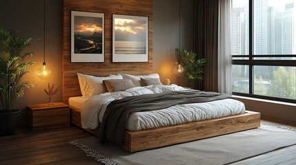 stylish Scandinavian bedroom, walnut wood MDF furnishings, artificial light from LED, warm and inviting ambiance, clean lines and simplicity, harmonious color scheme
