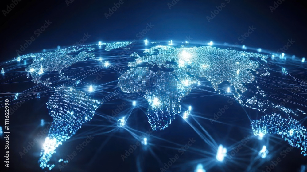 Poster digital globe with interconnected nodes and data flow