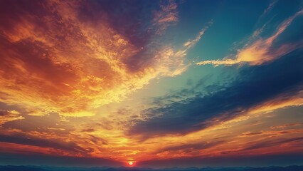 Fototapeta premium Fantasy vibrant panoramic sunset sky - Gradient rich colors - ethereal dreamy summer sunset or sunrise sky. Uplifting and peaceful sky. - blue, orange, yellow vibrant rich colors, 4k image