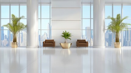 Fototapeta premium Elegant hotel lobby with brown armchairs arranged in a row around a coffee table. The white tile floor complements the columns and large panoramic window showcasing views of New York skyscrapers