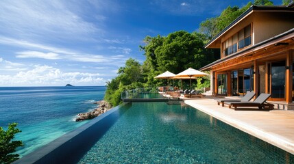 Obraz premium Luxury oceanfront villa with infinity pool, stunning sea view, tropical landscape.