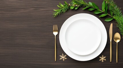 Flat-lay of a Christmas dinner setting with pristine white dinnerware, holiday-themed napkins, and decorative green branches placed on a festive table, evoking warmth and elegance.