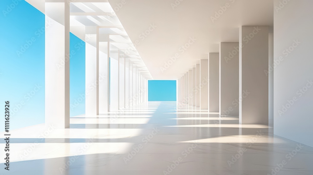 Poster minimalist architectural interior with open-air design, where shadows create dynamic patterns on the