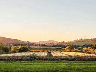 Sunset over expansive fields with rolling hills in the background