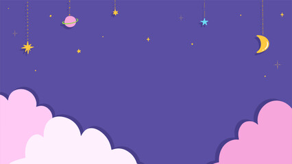 Pink clouds and night sky background frame, retro and dreamy cute hand drawn illustration / ピンクの雲と夜空の背景フレーム、レトロでゆめかわいい手描きのイラスト